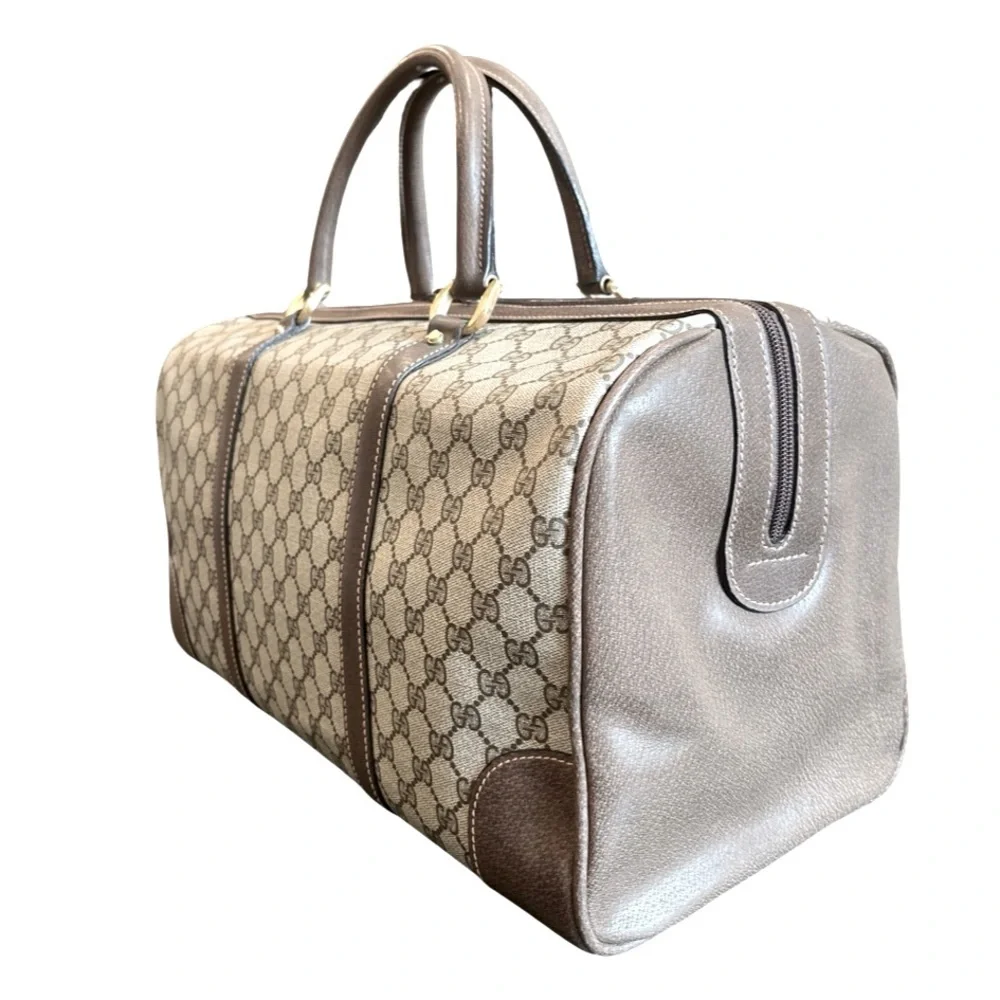 Vintage Gucci GG Supreme Boston Bag Travel Duffle Brown Monogram Leather Trim - Picture 13 of 15